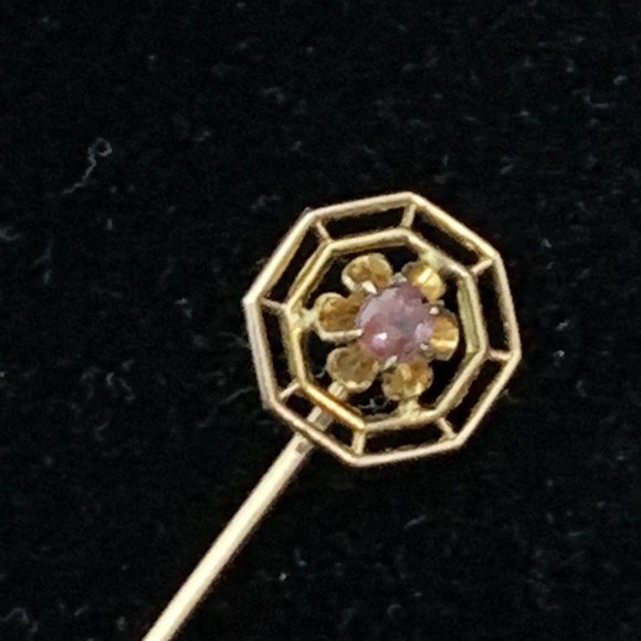 10K Yellow Gold Floral Stick Pin W/Pink Rhinestone - Picture 2 of 9